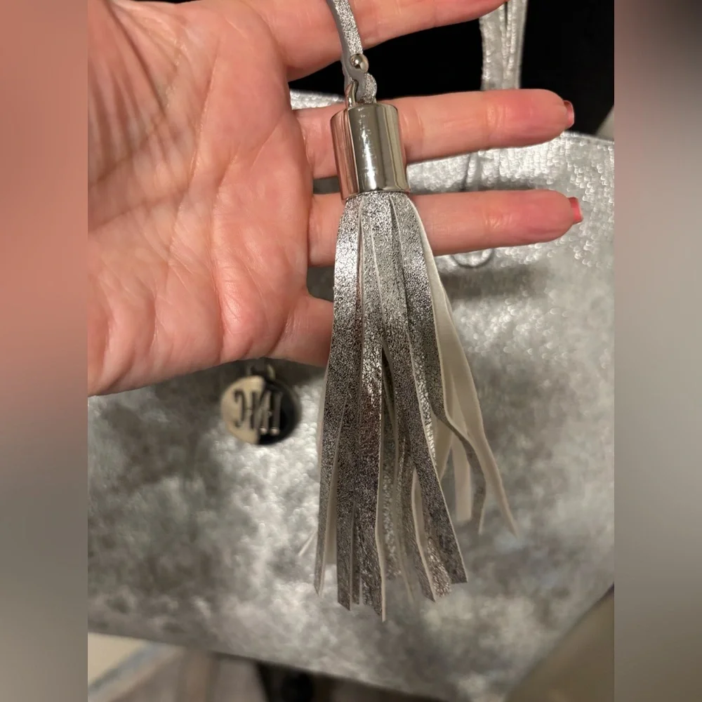 NWT INC Silver Metallic Tote Bag Large Shoulder Purse Tassel Charm Faux Leathet